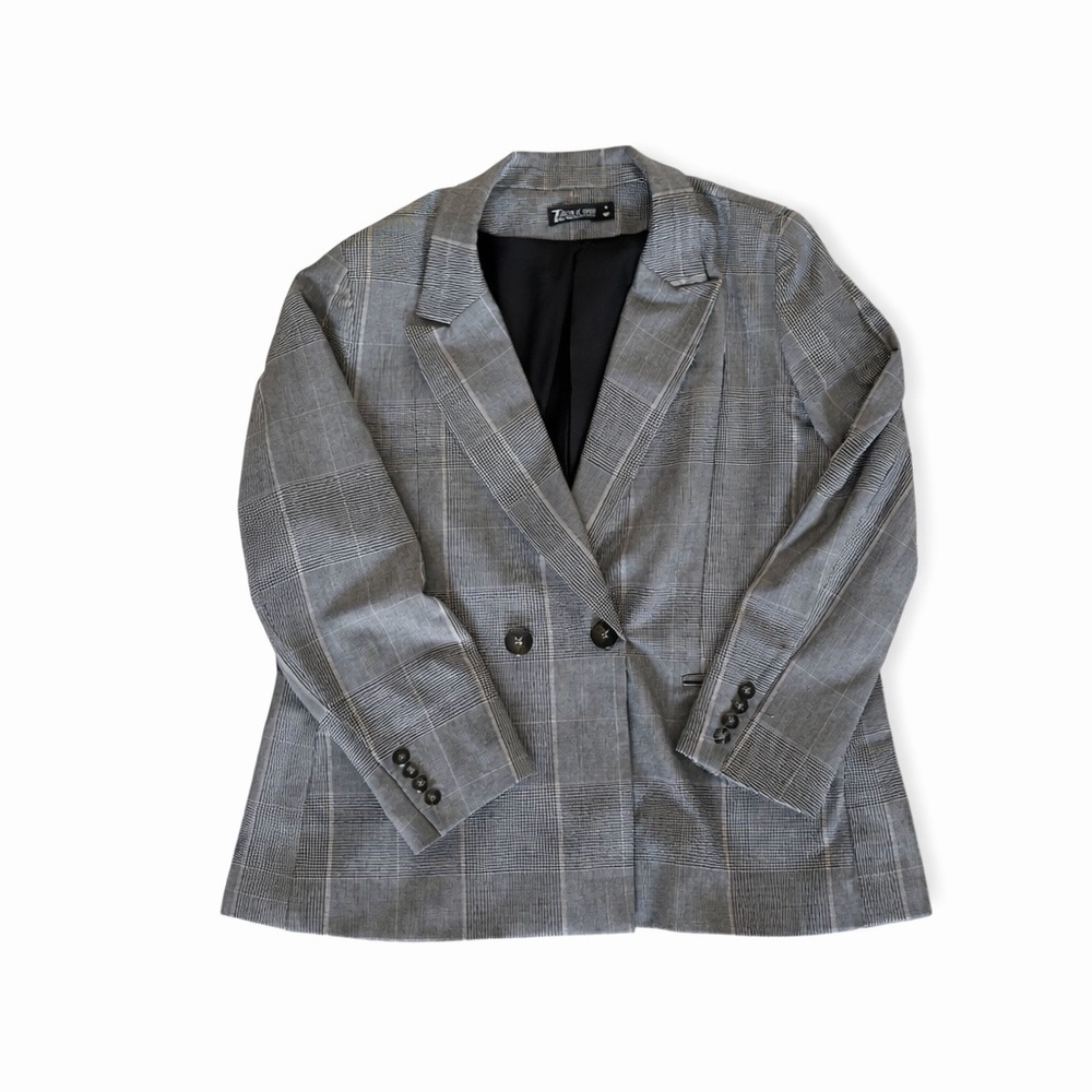 7th Avenue New York & Company Gray Plaid Double-Breasted Blazer
